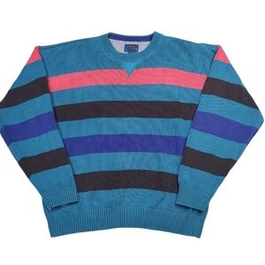 Vintage 80s Teal Pink Preppy Colorful Crewneck Striped Sweater Large University